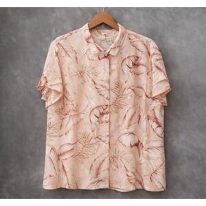 100% Silk Vintage Linden Hill sz L Women Pink Floral Button Blouse Top Vacation